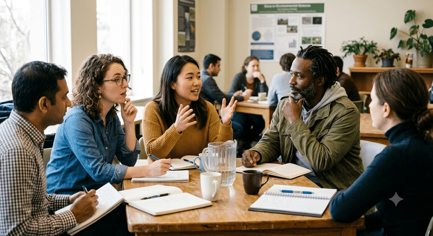 Five people mid-discussion around a table covered in notebooks