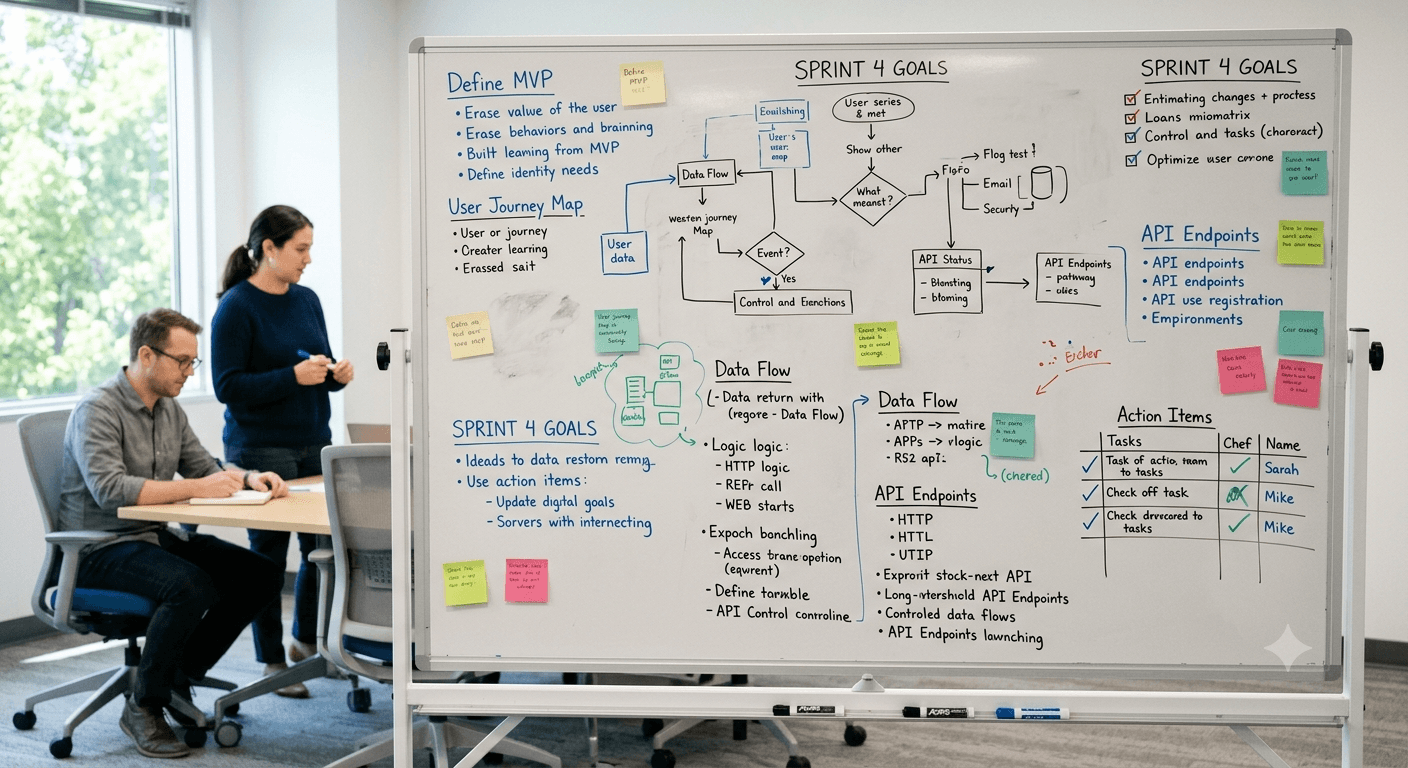 A whiteboard mid-session, covered in sprint goals, data-flow diagrams and action items